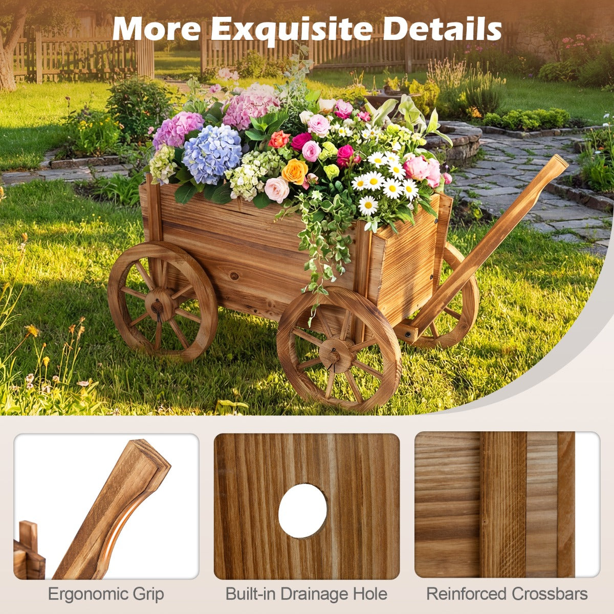 Livsk costway houten plantenbak rustieke bloemenwagen met wielen en handvat decoratieve bloemenstandaard