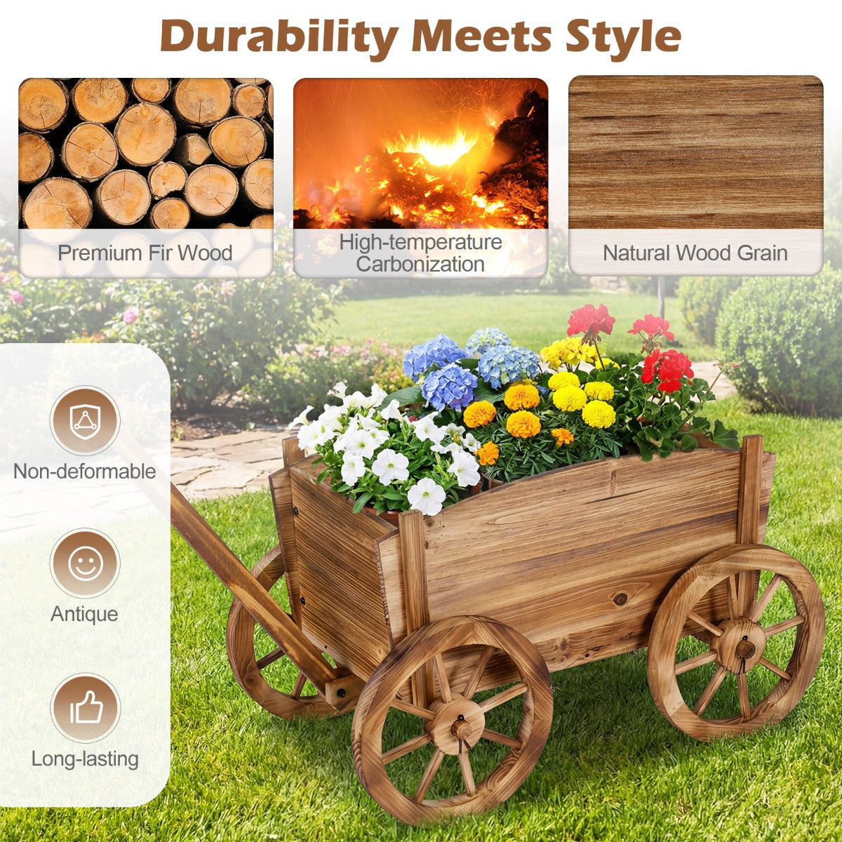 Livsk costway houten plantenbak rustieke bloemenwagen met wielen en handvat decoratieve bloemenstandaard