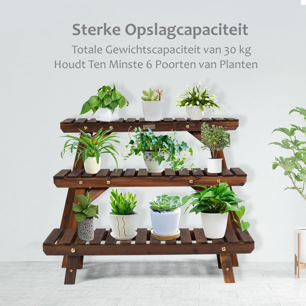 LIVSK Houten Plantenstandaard - 3 Laags Voorstelling - Gecarboniseerd Dennenhout - Waterafvoer & Ventilatie - Max 10 kg per Laag