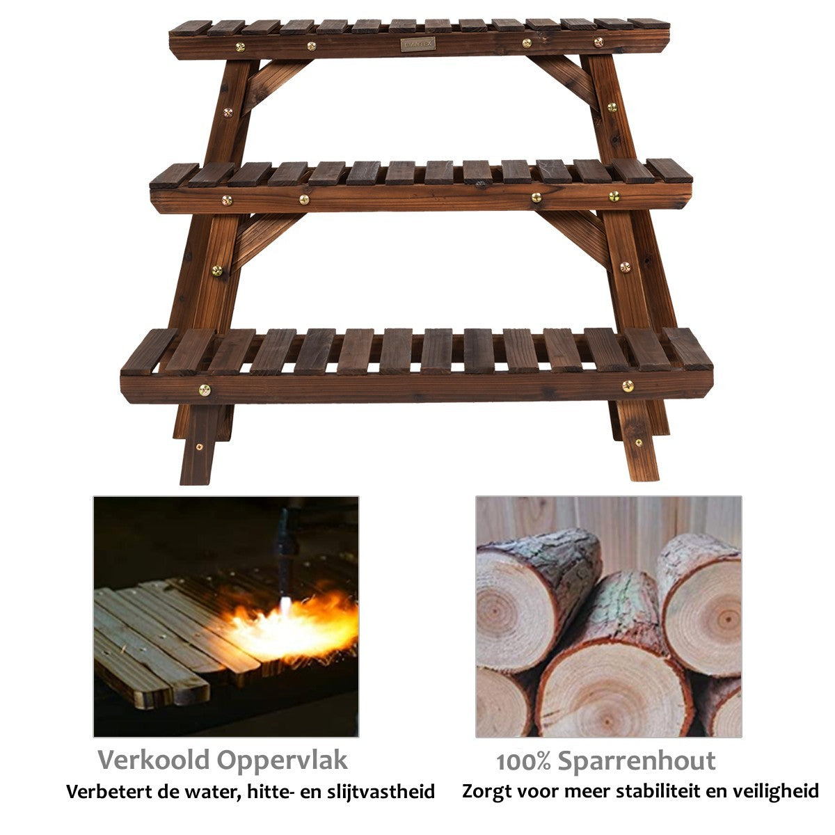 LIVSK Houten Plantenstandaard - 3 Laags Voorstelling - Gecarboniseerd Dennenhout - Waterafvoer & Ventilatie - Max 10 kg per Laag