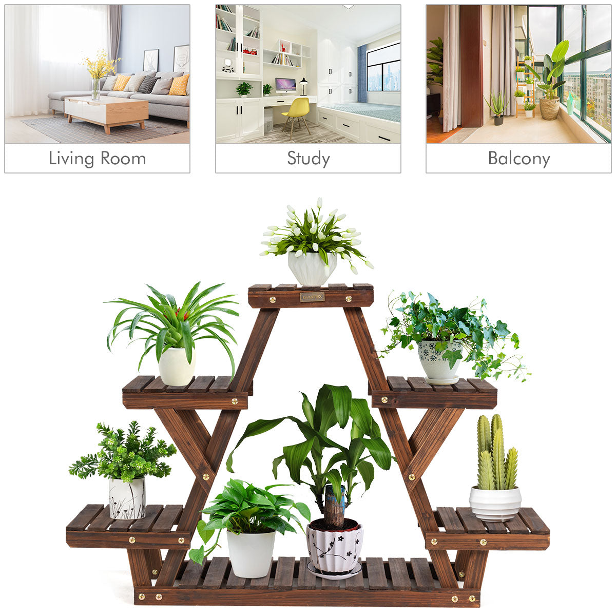 LIVSK Driehoekige Plantenstandaard - 6 Laags van Massief Dennenhout - Stabiel en Ruimtebesparend - 99 x 25 x 64 cm -