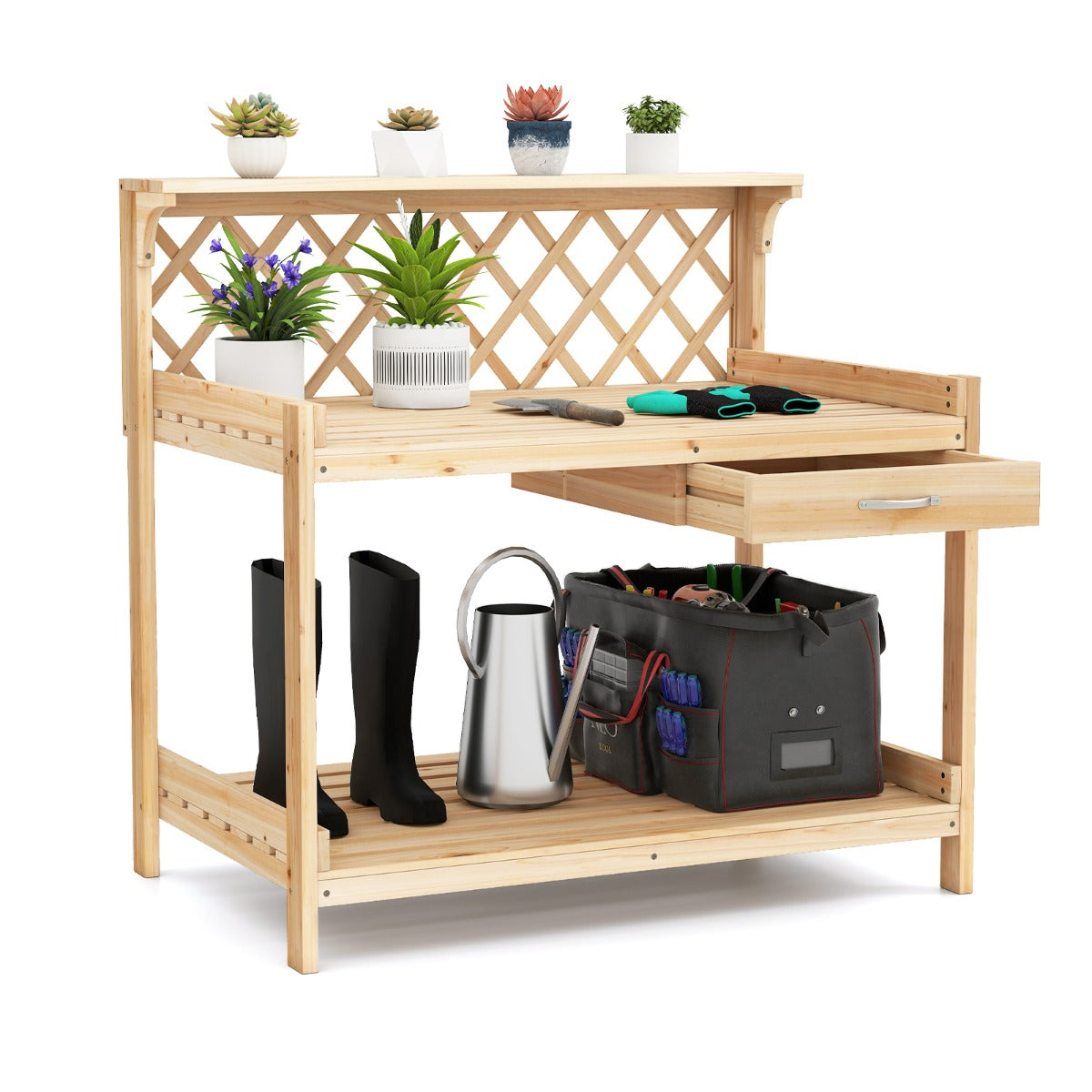 LIVSK Houten Plantentafel met Klimrek - Duurzaam Dennenhout - Meerdere Opbergruimtes - Aangepaste Werkruimte - 90 x 59 x 88 cm -