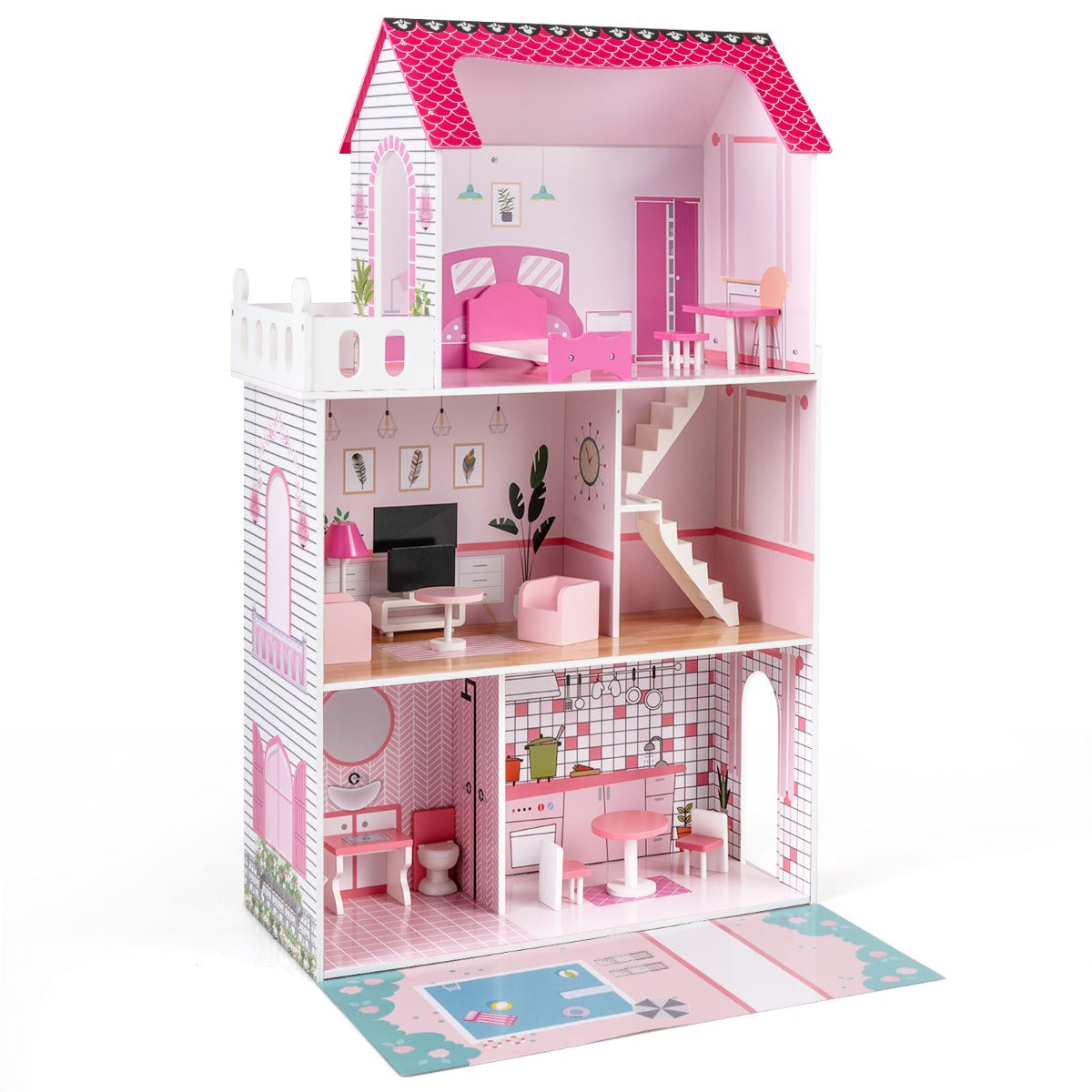 Livsk costway houten poppenhuis poppenhuis voor kinderen met 17 delige meubelset roze