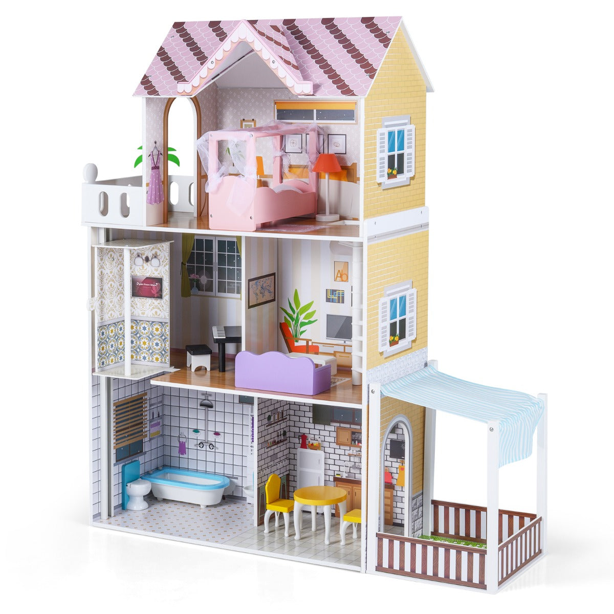 Livsk costway houten poppenhuis voor kinderen 3 verdiepingen tellend diy modern familiepoppenhuis voor rollenspel met 16 onderdelen 1 1