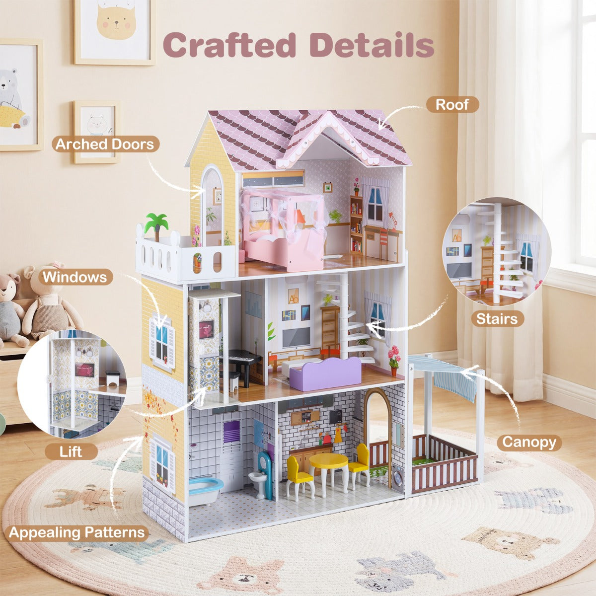 Livsk costway houten poppenhuis voor kinderen 3 verdiepingen tellend diy modern familiepoppenhuis voor rollenspel met 16 onderdelen 4