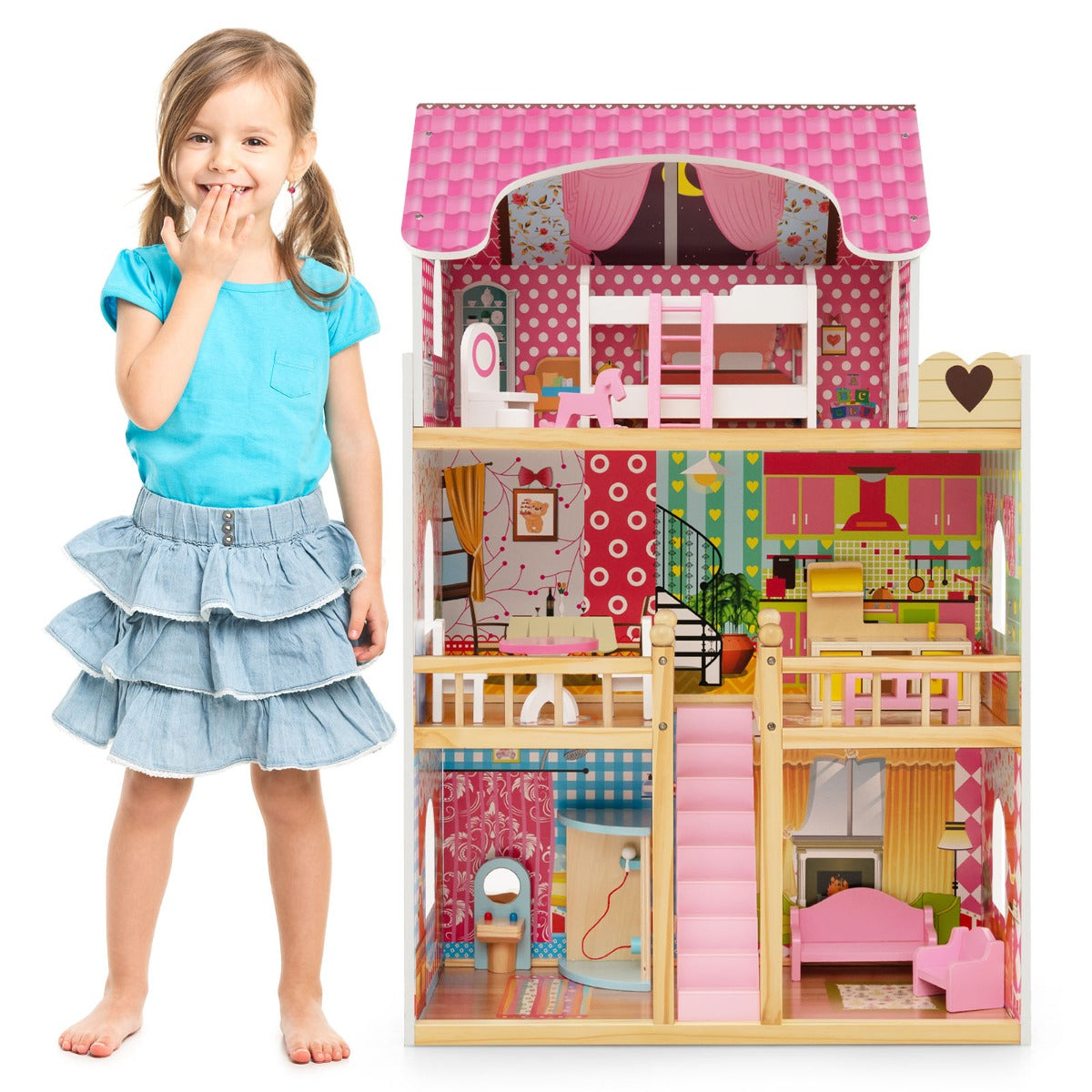 LIVSK Poppenhuis Droomhuis - 3 Verdiepingen met 15 Meubelstukken - Veilig Massief Hout - Creatief Speelplezier - Roze