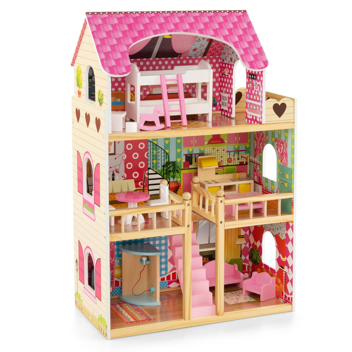 LIVSK Poppenhuis Droomhuis - 3 Verdiepingen met 15 Meubelstukken - Veilig Massief Hout - Creatief Speelplezier - Roze