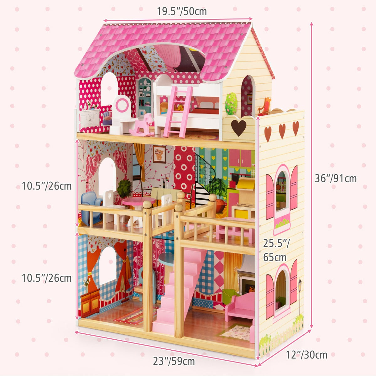 LIVSK Poppenhuis Droomhuis - 3 Verdiepingen met 15 Meubelstukken - Veilig Massief Hout - Creatief Speelplezier - Roze