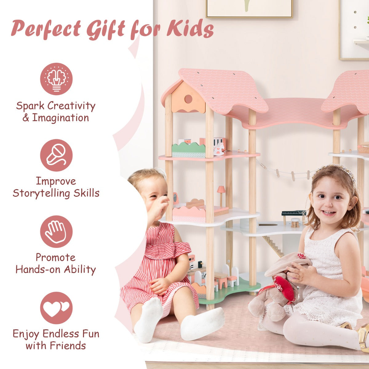 LIVSK Houten Poppenhuis - 7 Kamers, 32 Accessoires - Stevig en Veilig - Voor Kinderen van 3-8 Jaar - Roze + Groen + Natuurlijk