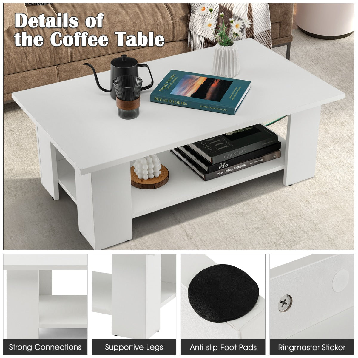 LIVSK Elegante Salontafel met Open Opbergplank - Modern Design - Multifunctioneel - Ruim Tafelblad - Hoogwaardige Materialen - Wit