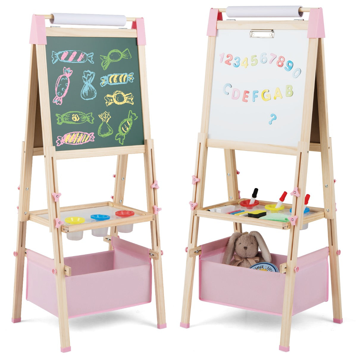 Livsk costway houten schildersezel voor kinderen met een dubbelzijdig magnetisch zwart wit schoolbord met letter en cijfermagneten