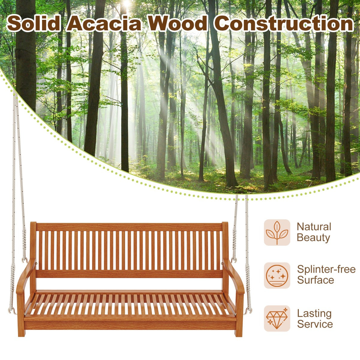 LIVSK Houten Schommelbank - Voor 2 Personen - Ergonomisch Design - Draagvermogen 360 kg - Eenvoudige Montage - Natuurlijk hout