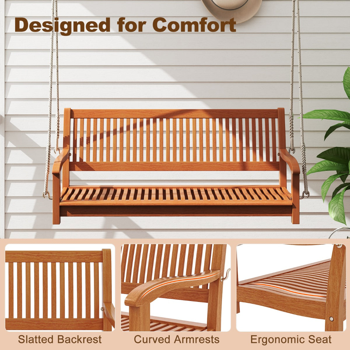 LIVSK Houten Schommelbank - Voor 2 Personen - Ergonomisch Design - Draagvermogen 360 kg - Eenvoudige Montage - Natuurlijk hout