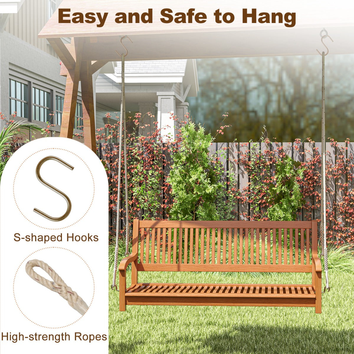 LIVSK Houten Schommelbank - Voor 2 Personen - Ergonomisch Design - Draagvermogen 360 kg - Eenvoudige Montage - Natuurlijk hout