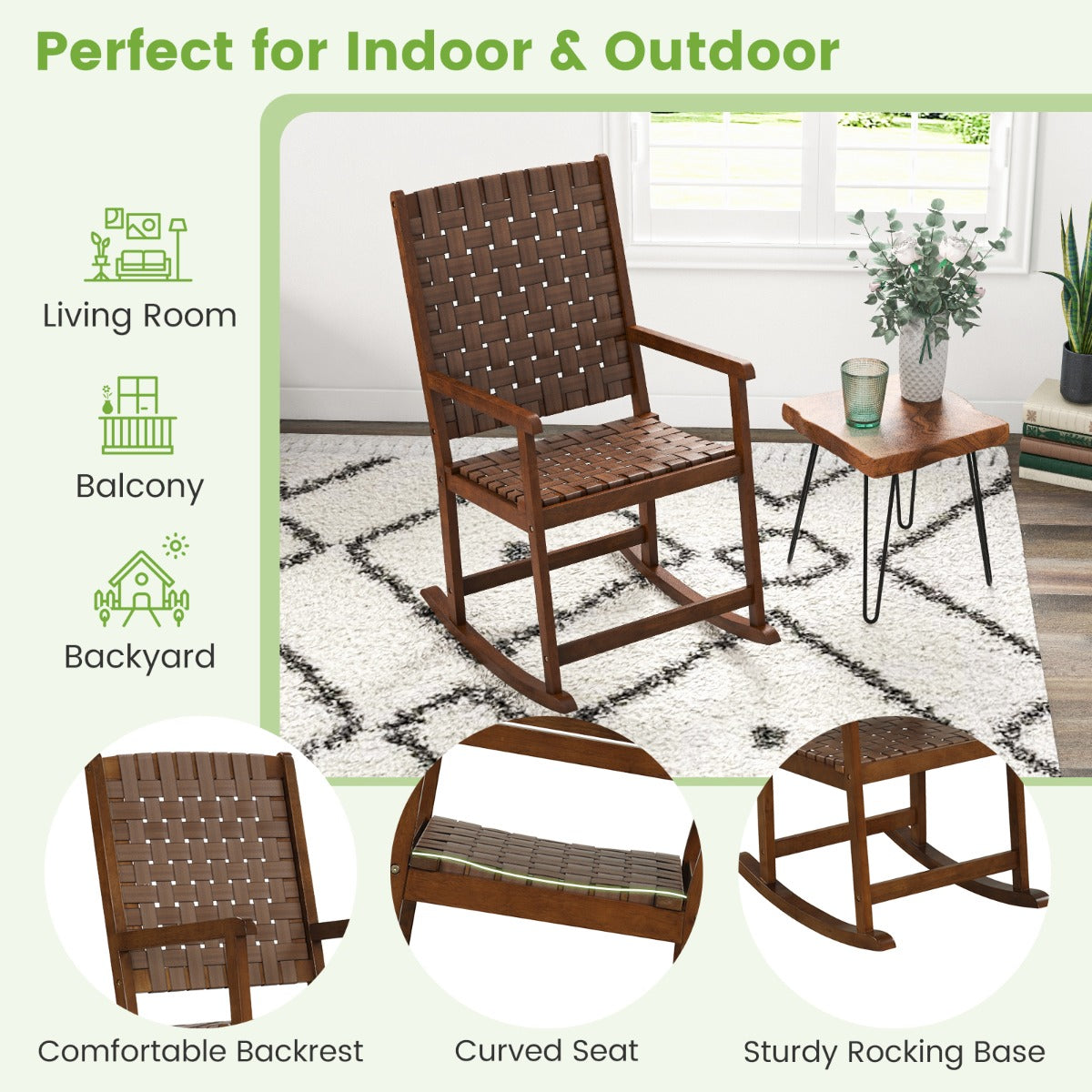LIVSK Ergonomische Schommelstoel - PU-leer Zitting - Rubberhout Frame - Veilig en Comfortabel - Voor Binnen en Buiten - Bruin