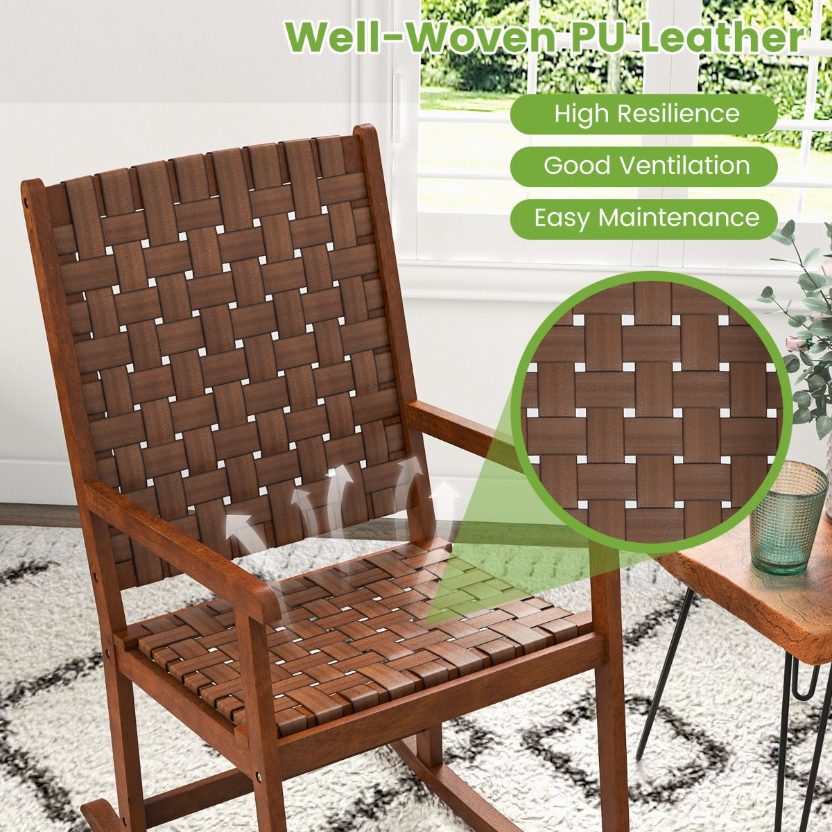 LIVSK Ergonomische Schommelstoel - PU-leer Zitting - Rubberhout Frame - Veilig en Comfortabel - Voor Binnen en Buiten - Bruin