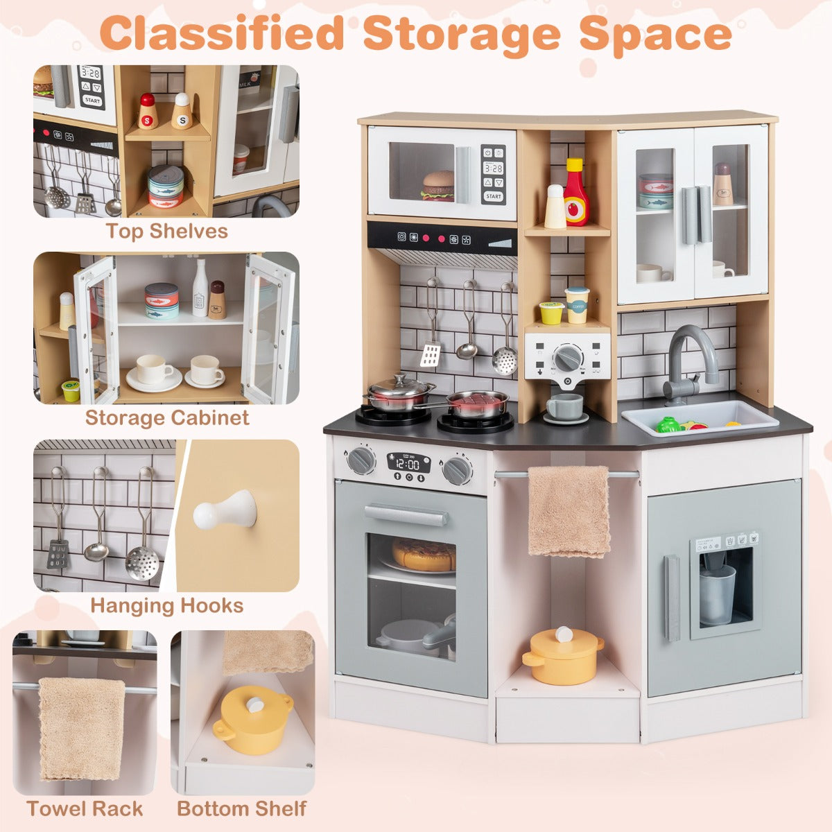 Livsk costway houten speelgoedkeuken voor kinderen speelgoedkeuken met lichtjes en geluidjes grijs 3