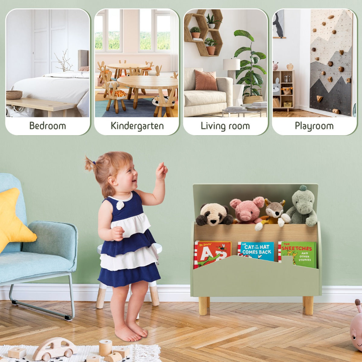 LIVSK Speelgoedkist met Open Displayplank - Veiligheidsscharnier - Waterdicht MDF - Kindvriendelijk Design - 60 x 33 x 44 cm -