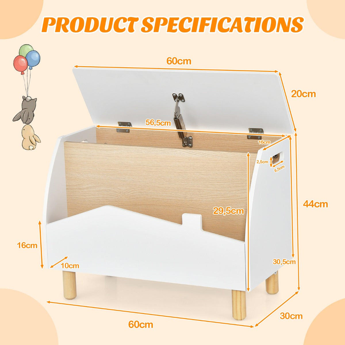LIVSK Speelgoedkist met Planchet - Veiligheidsscharnieren - Hoogwaardig MDF - Voor Jongens en Meisjes - 60 x 33 x 44 cm - Wit