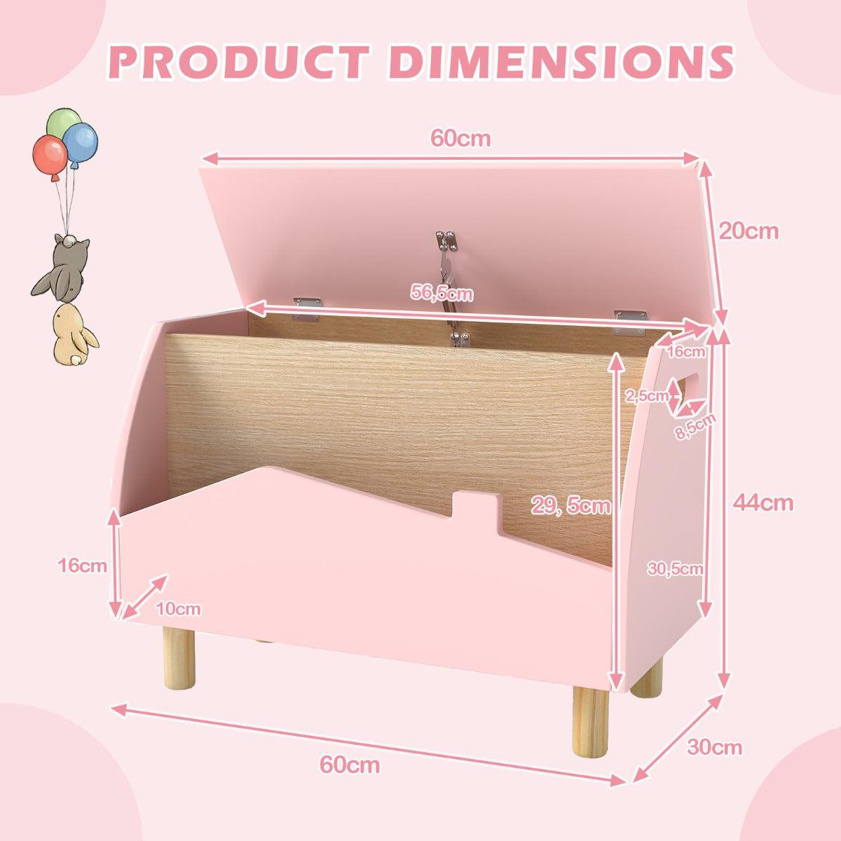 Livsk costway houten speelgoedkist met plank speelgoedkist met scharnierend deksel 60 x 30 x 44 cm roze 2
