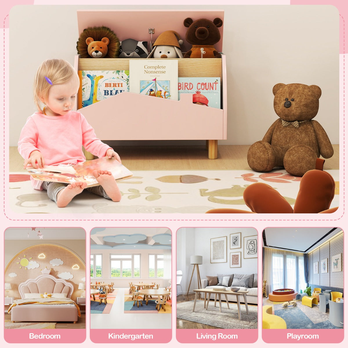 Livsk costway houten speelgoedkist met plank speelgoedkist met scharnierend deksel 60 x 30 x 44 cm roze 6
