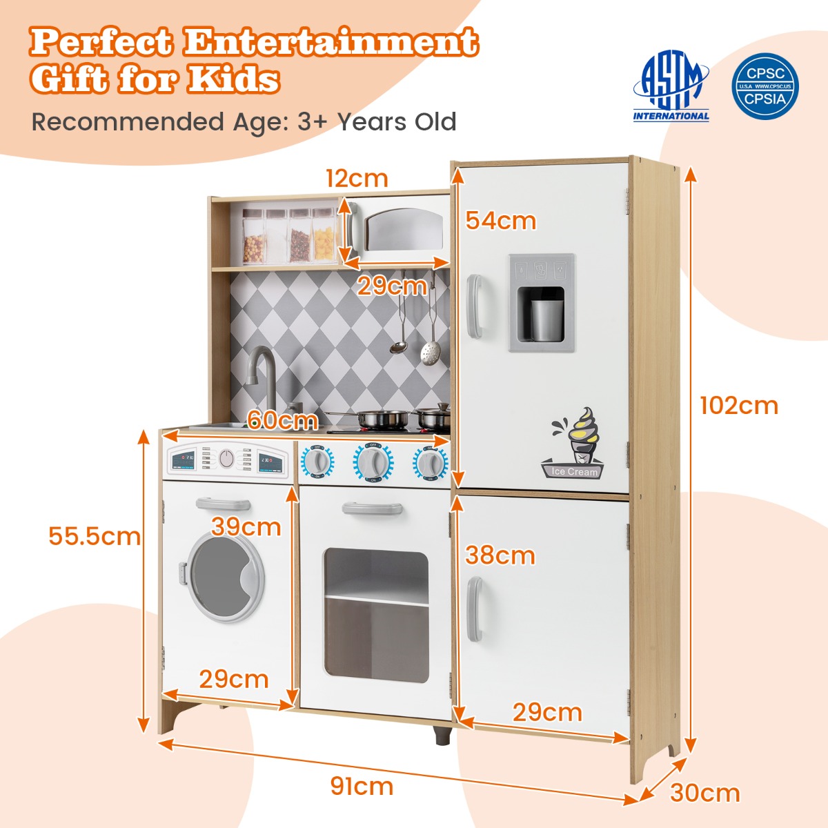 Livsk costway houten speelkeuken keukenspeelset met ijsmachine fornuis wasmachine oven magnetron keukengerei 2