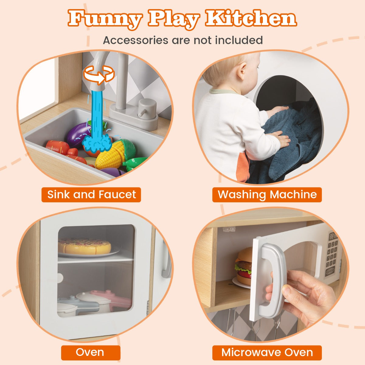 Livsk costway houten speelkeuken keukenspeelset met ijsmachine fornuis wasmachine oven magnetron keukengerei 5