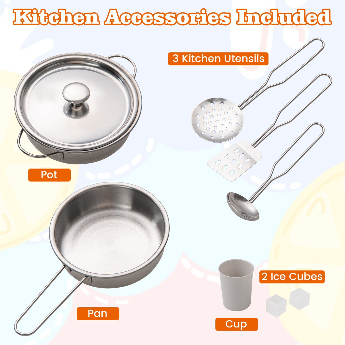 Livsk costway houten speelkeuken keukenspeelset met ijsmachine fornuis wasmachine oven magnetron keukengerei grijs 5