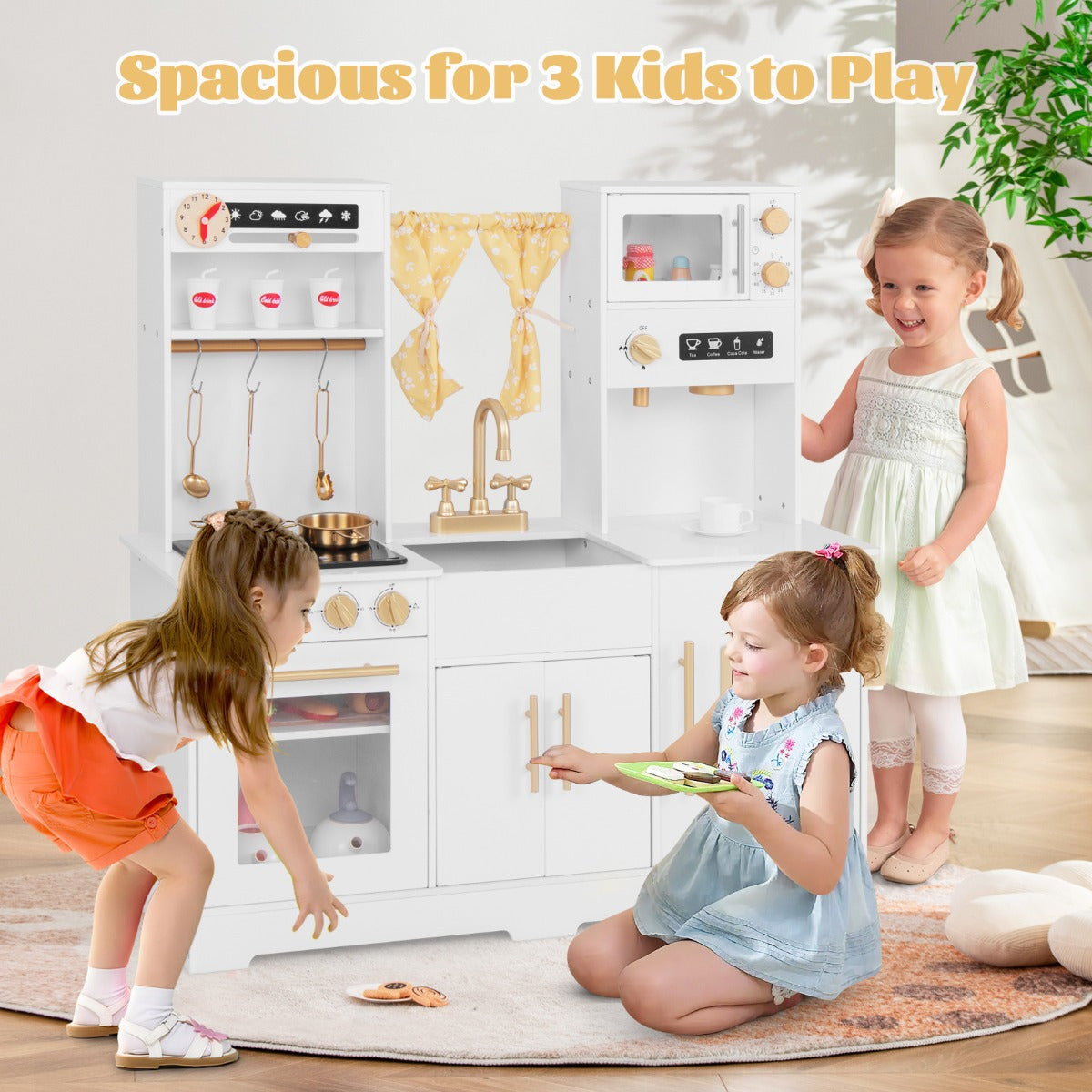 LIVSK Speelkeuken Set - Koffiemachine, Magnetron, Oven - Interactieve Geluidseffecten - Inclusief Keukengerei - Wit + Zwart + Goud