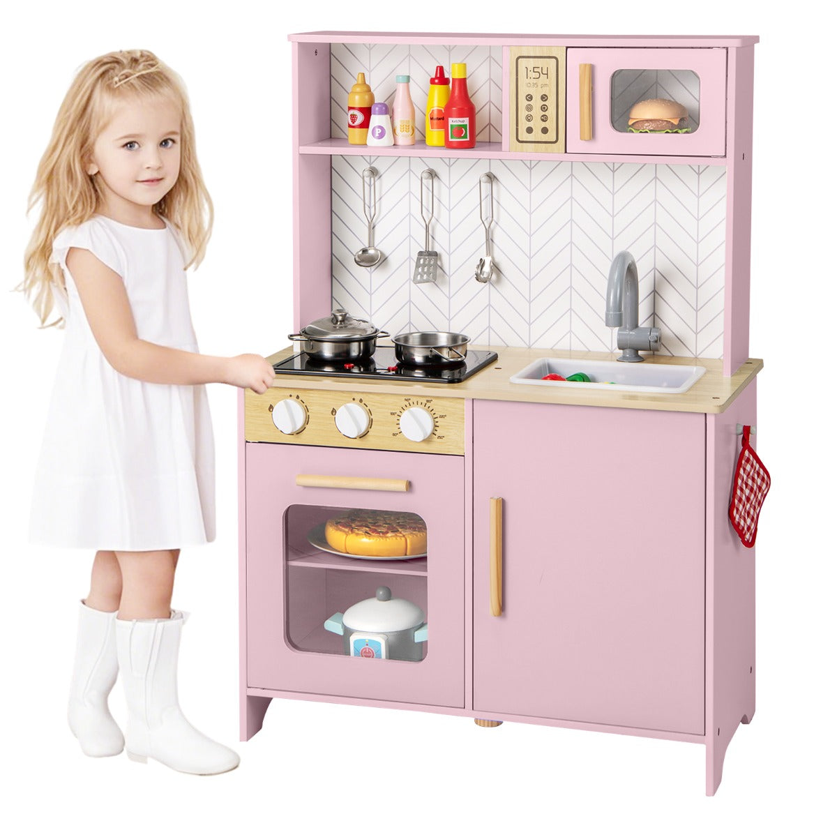 Livsk costway houten speelkeuken voor kinderen licht geluid magnetron fornuizen gootsteen oven en keukenaccessoires speelgoedkeukenset roze