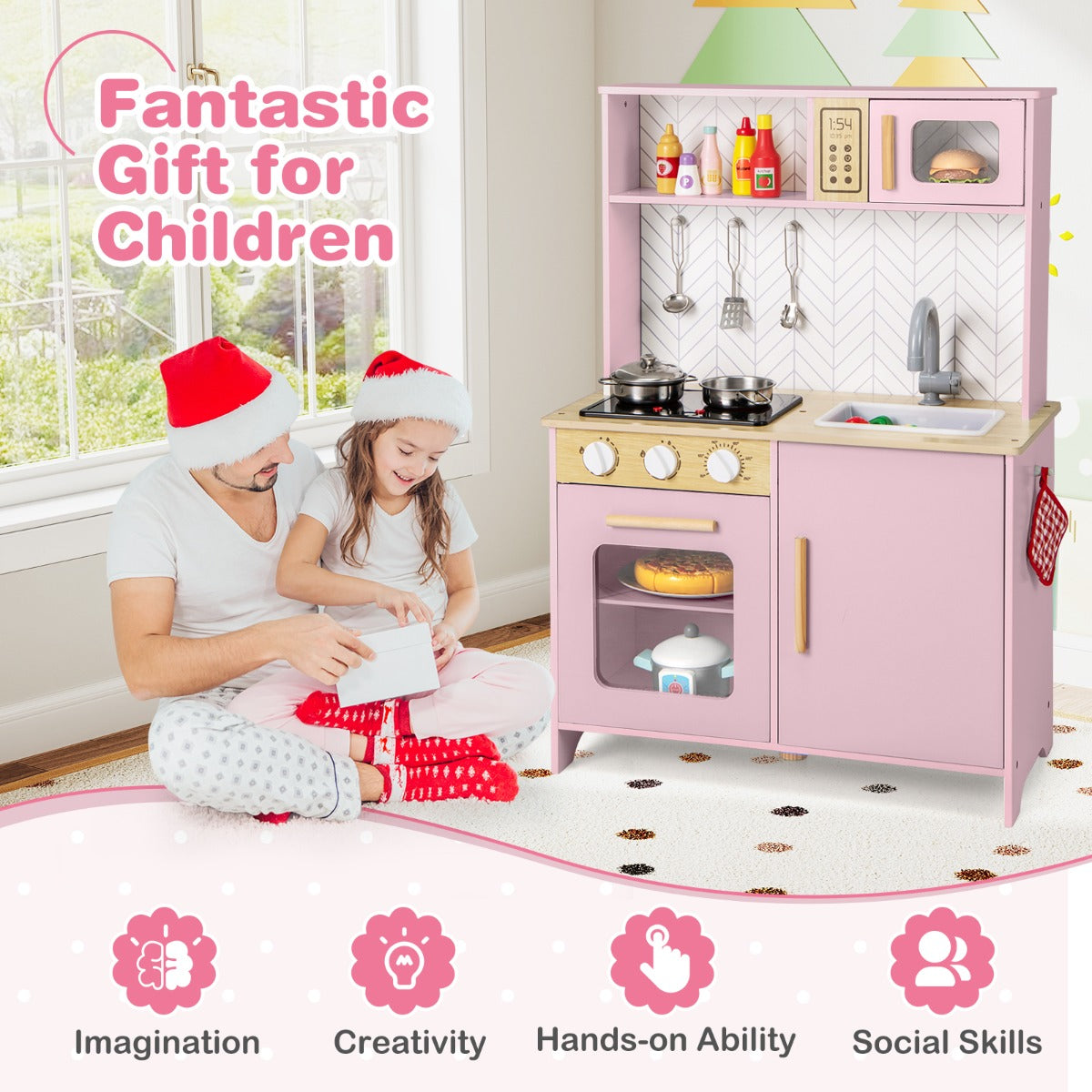 Livsk costway houten speelkeuken voor kinderen licht geluid magnetron fornuizen gootsteen oven en keukenaccessoires speelgoedkeukenset roze 2