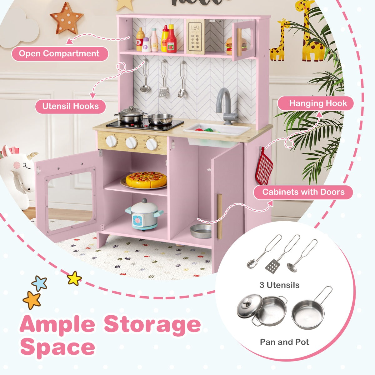Livsk costway houten speelkeuken voor kinderen licht geluid magnetron fornuizen gootsteen oven en keukenaccessoires speelgoedkeukenset roze 4