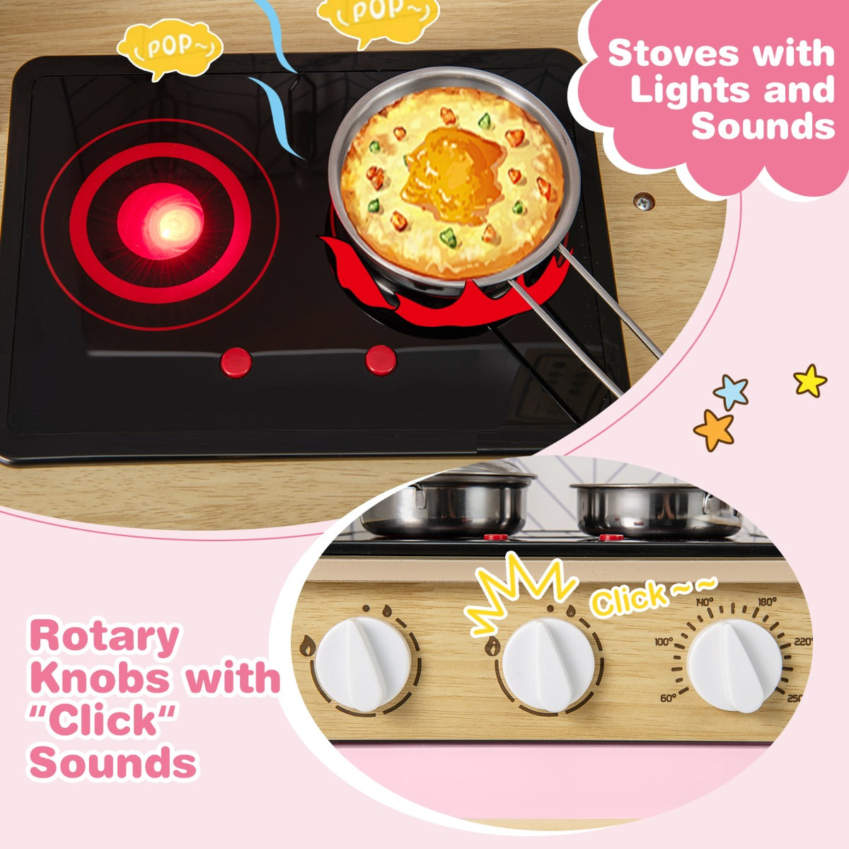 Livsk costway houten speelkeuken voor kinderen licht geluid magnetron fornuizen gootsteen oven en keukenaccessoires speelgoedkeukenset roze 5