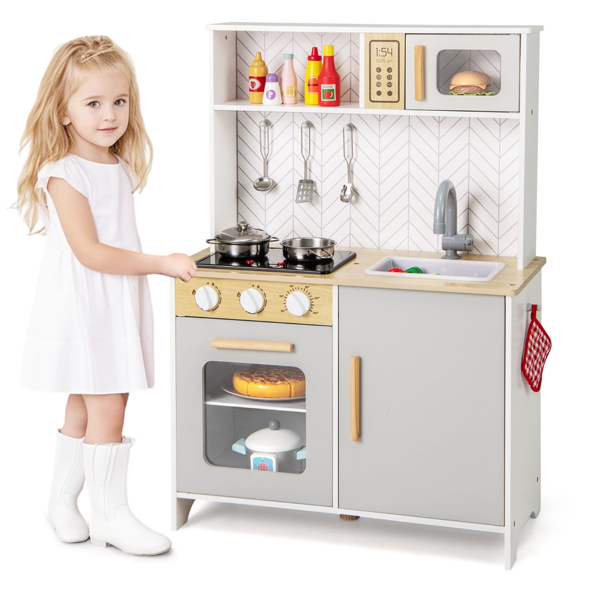 Livsk costway houten speelkeuken voor kinderen licht geluid magnetron fornuizen gootsteen oven en keukenaccessoires speelgoedkeukenset wit