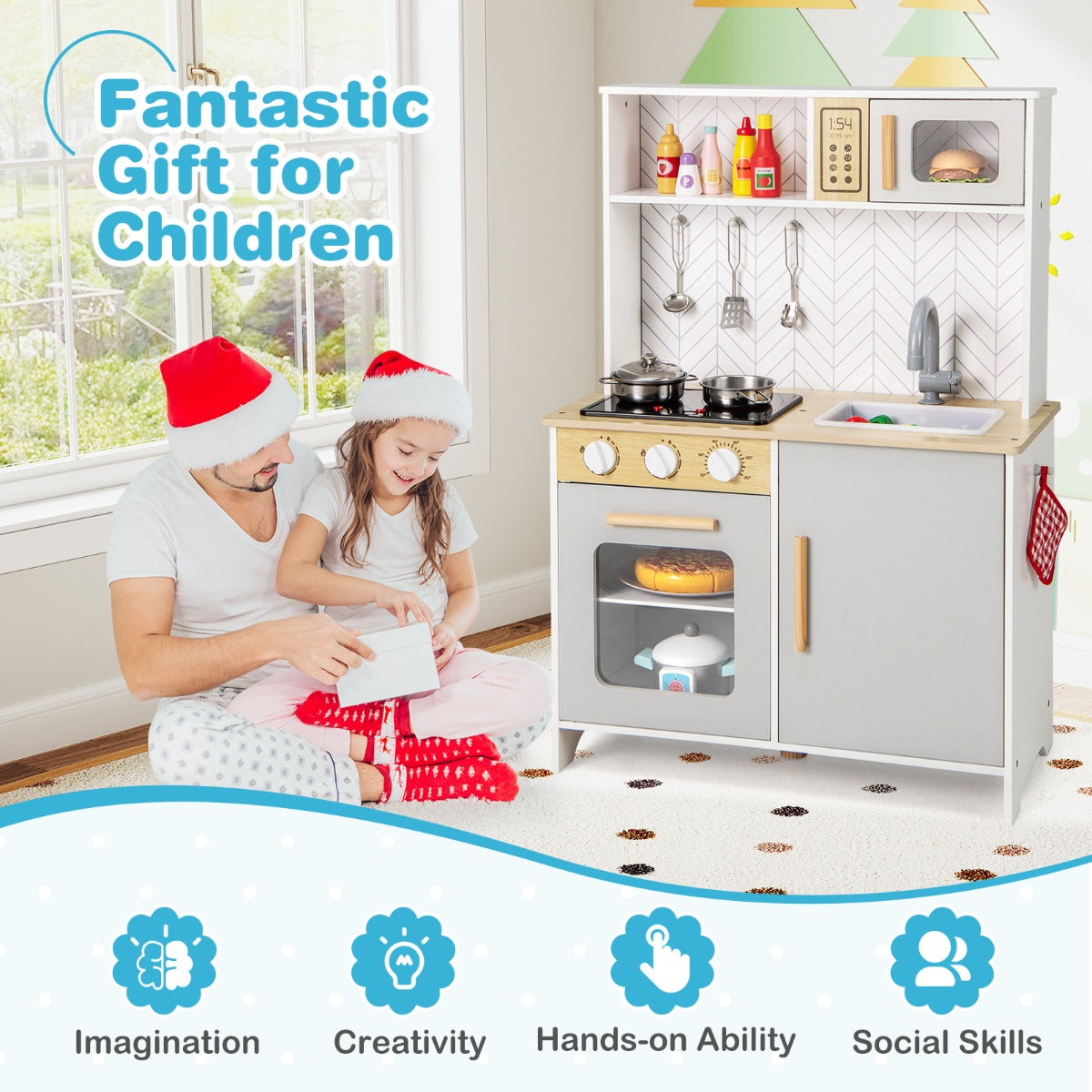 Livsk costway houten speelkeuken voor kinderen licht geluid magnetron fornuizen gootsteen oven en keukenaccessoires speelgoedkeukenset wit 3