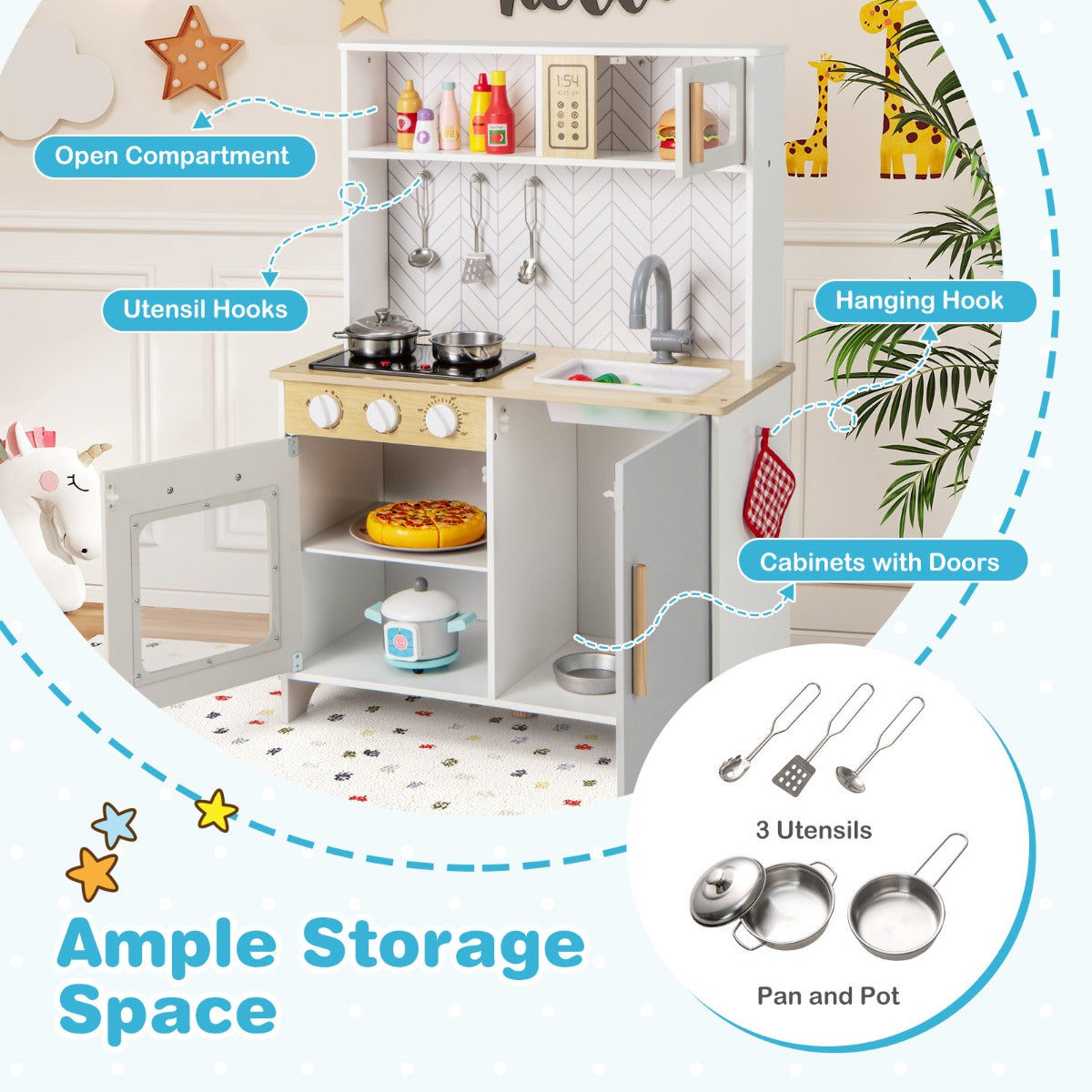 Livsk costway houten speelkeuken voor kinderen licht geluid magnetron fornuizen gootsteen oven en keukenaccessoires speelgoedkeukenset wit 5