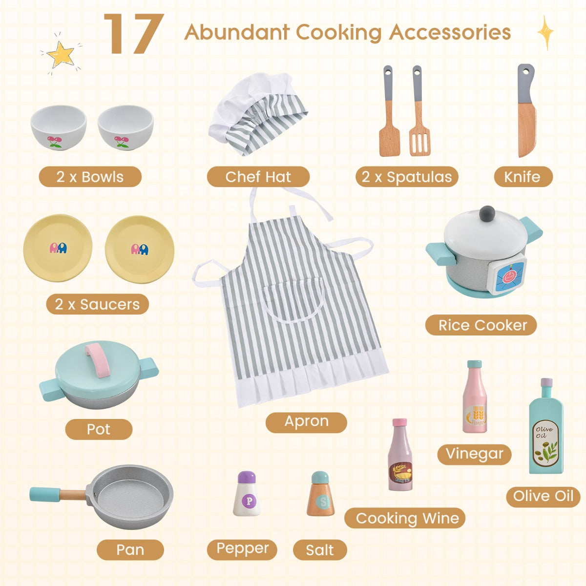 LIVSK Speelkeuken voor Kinderen - 2 Fornuizen, Magnetron, 17 Accessoires - Duurzaam Hout - Educatief Spel - Wit + Natuur