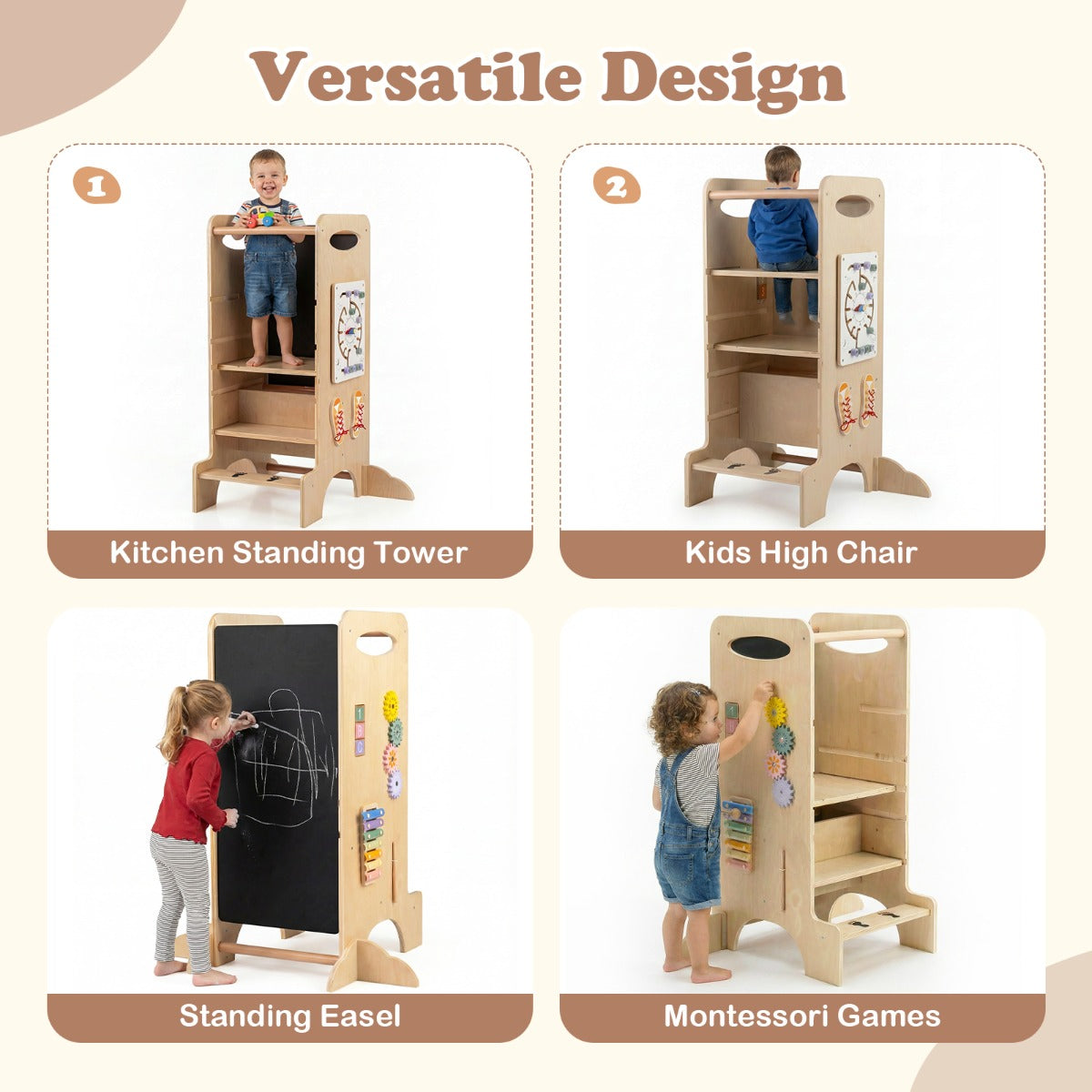 Livsk costway houten sta toren voor peuters multifunctioneel keukenkrukje voor kinderen met 3 hoogte instellingen 3