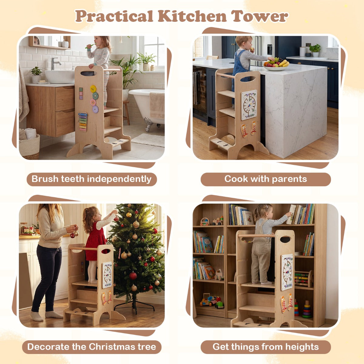 Livsk costway houten sta toren voor peuters multifunctioneel keukenkrukje voor kinderen met 3 hoogte instellingen 5