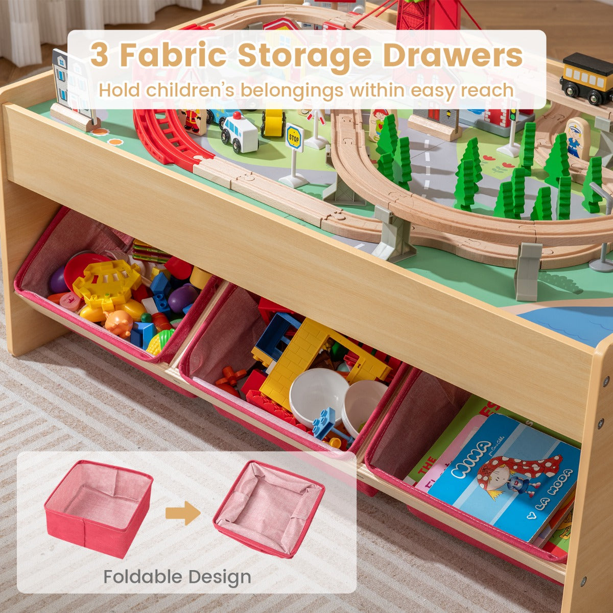 LIVSK Houten Activiteitentafel met Omkeerbare Bladen - Inclusief 94 Accessoires - 3 Opvouwbare Lades - Voor Kinderen