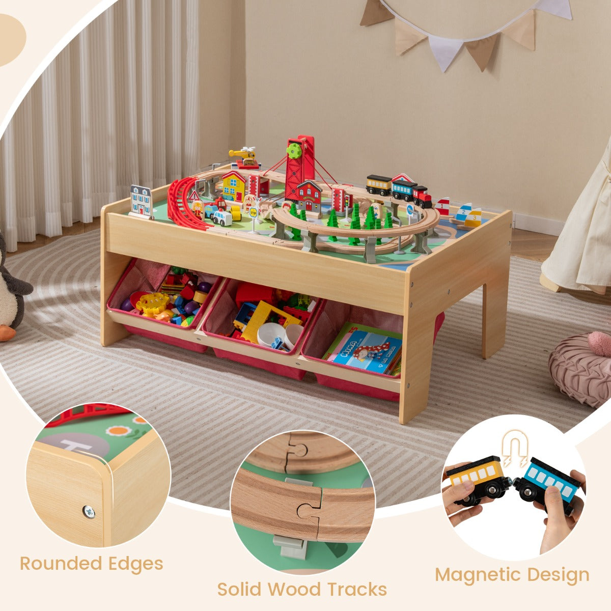 LIVSK Houten Activiteitentafel met Omkeerbare Bladen - Inclusief 94 Accessoires - 3 Opvouwbare Lades - Voor Kinderen