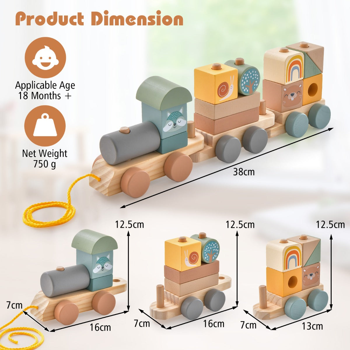 LIVSK Speelgoedtreinset - Inclusief 1 Locomotief en 2 Wagons - 14 Houten Blokken - Creatief Spel - Veelkleurig