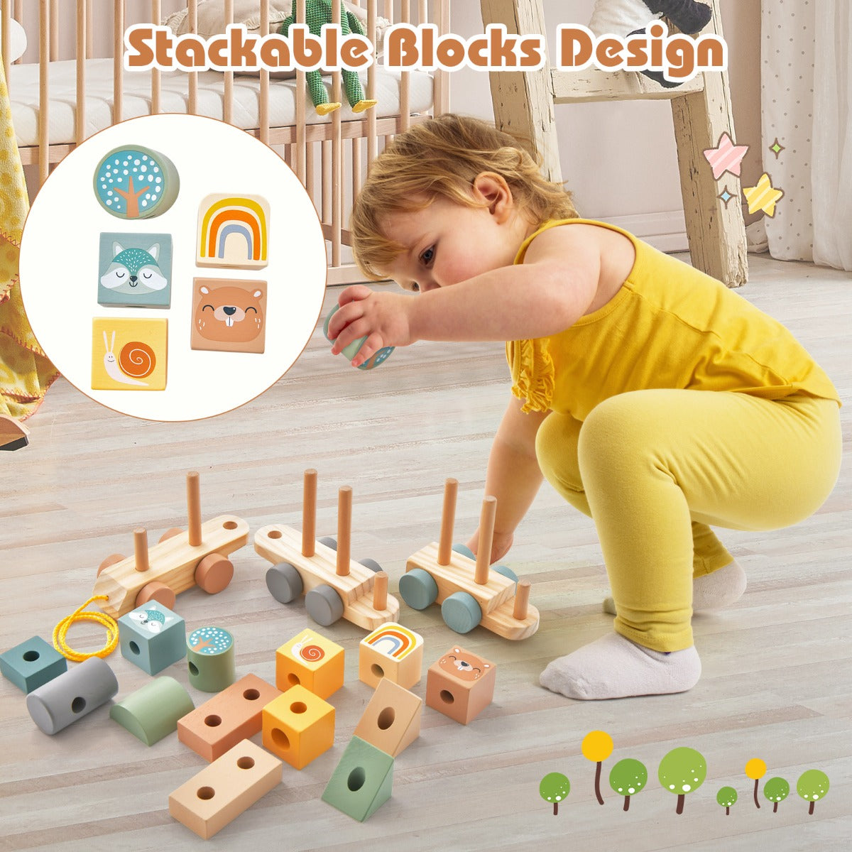 LIVSK Speelgoedtreinset - Inclusief 1 Locomotief en 2 Wagons - 14 Houten Blokken - Creatief Spel - Veelkleurig