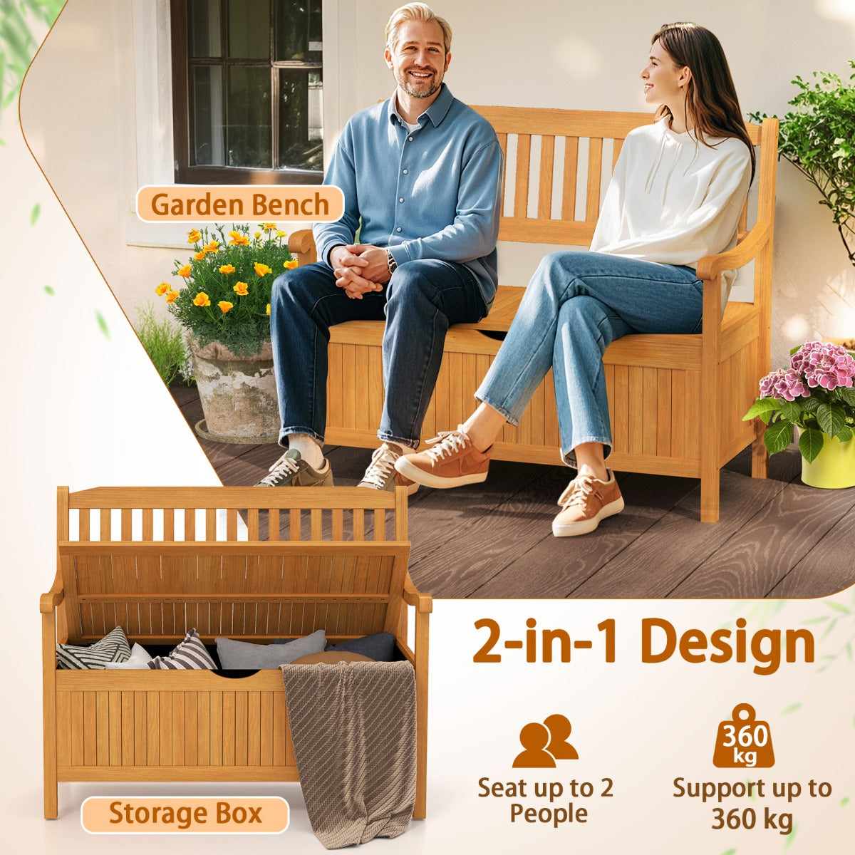 LIVSK Opbergbank van Acaciahout - 320 kg Draagvermogen - Comfortabele Zitplaats met Opbergruimte - Natuurlijke Kleur