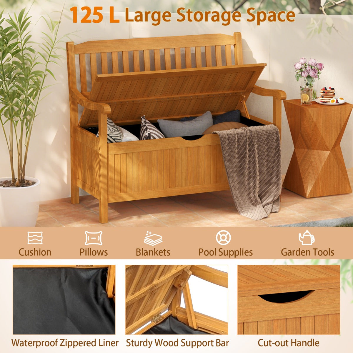 LIVSK Opbergbank van Acaciahout - 320 kg Draagvermogen - Comfortabele Zitplaats met Opbergruimte - Natuurlijke Kleur