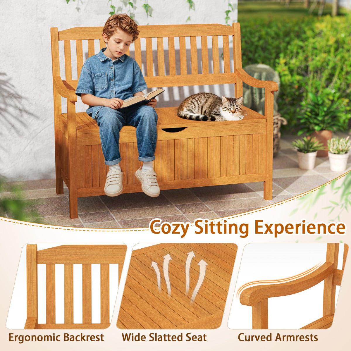 LIVSK Opbergbank van Acaciahout - 320 kg Draagvermogen - Comfortabele Zitplaats met Opbergruimte - Natuurlijke Kleur