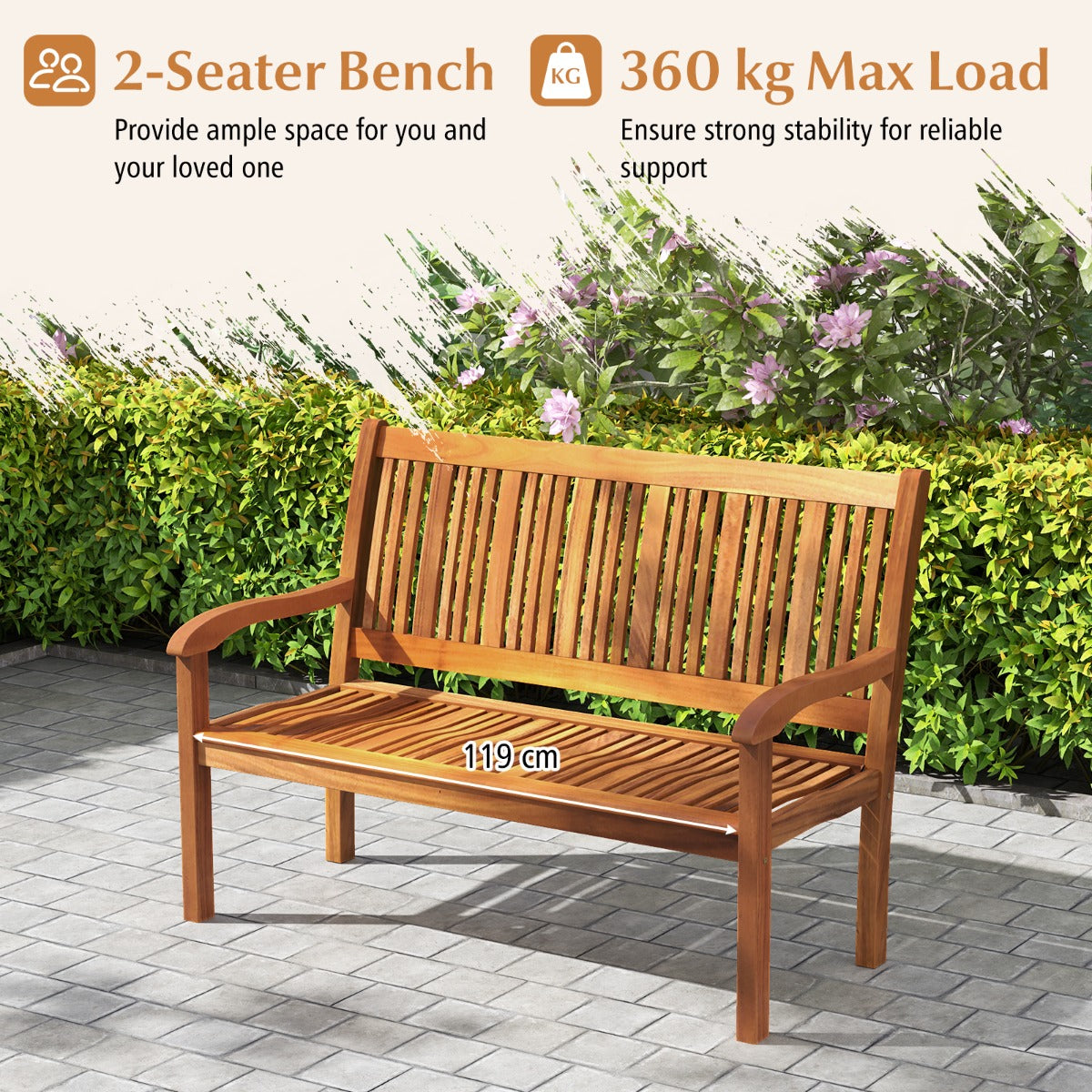 LIVSK Houten Tuinbank - Massief Acaciahout - Ruimte voor 2-3 Personen - Ergonomisch Ontwerp - Tot 320 kg - Teak