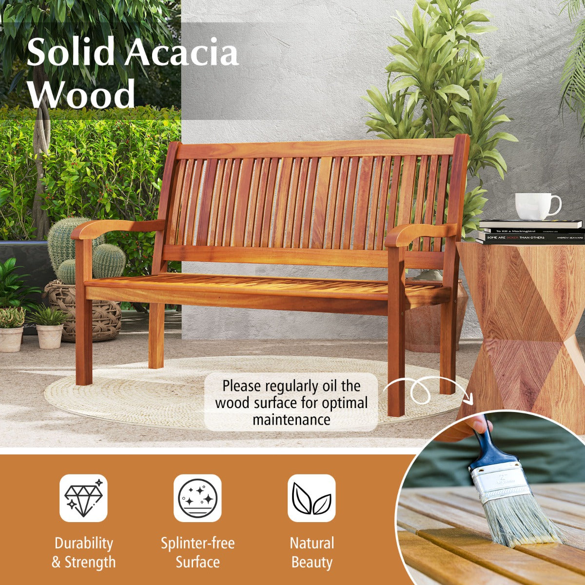 LIVSK Houten Tuinbank - Massief Acaciahout - Ruimte voor 2-3 Personen - Ergonomisch Ontwerp - Tot 320 kg - Teak