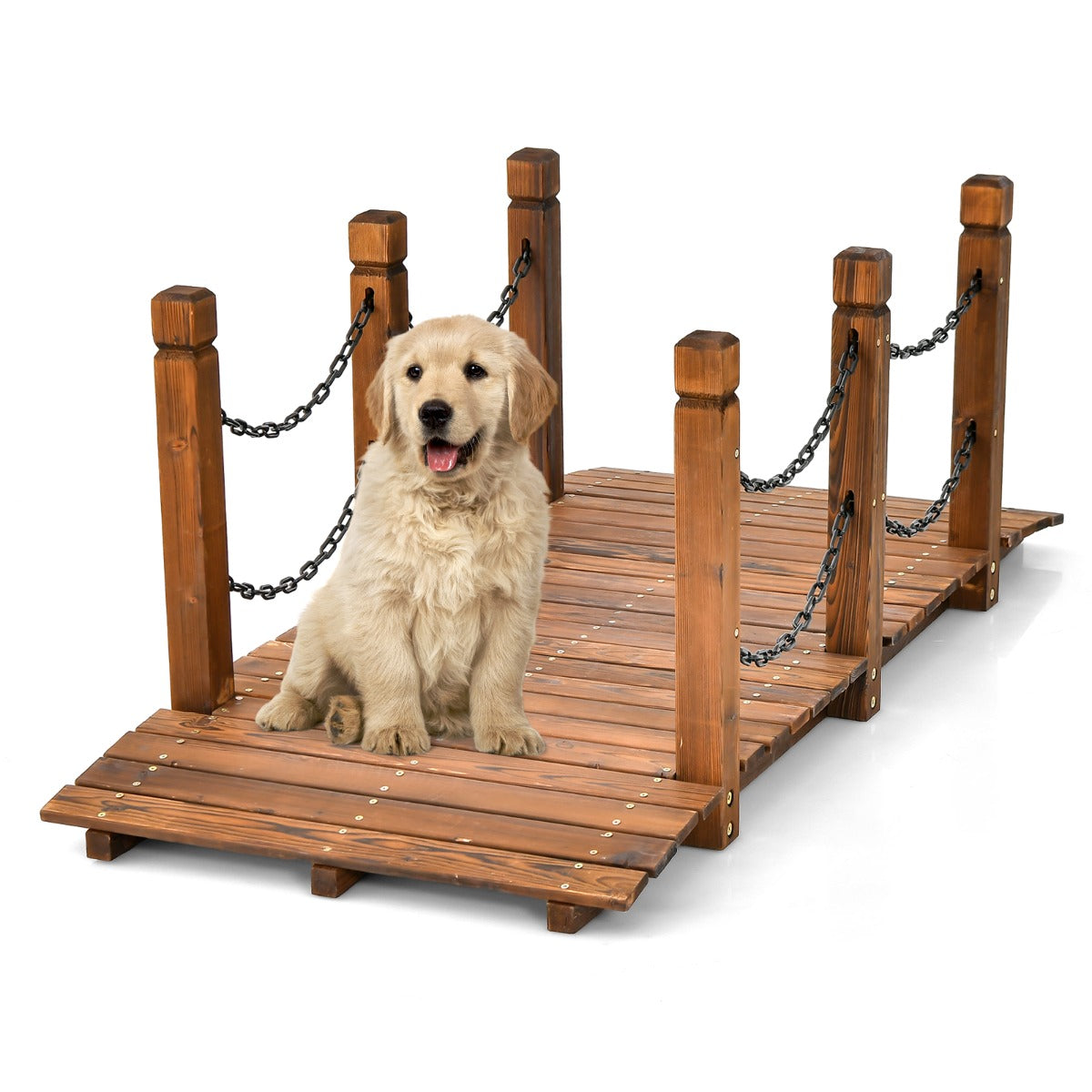 LIVSK Houten Tuinbrug - Decoratief Vurenhout - Weerbestendig - Veiligheidskettingen - Draagvermogen tot 80 kg - Bruin