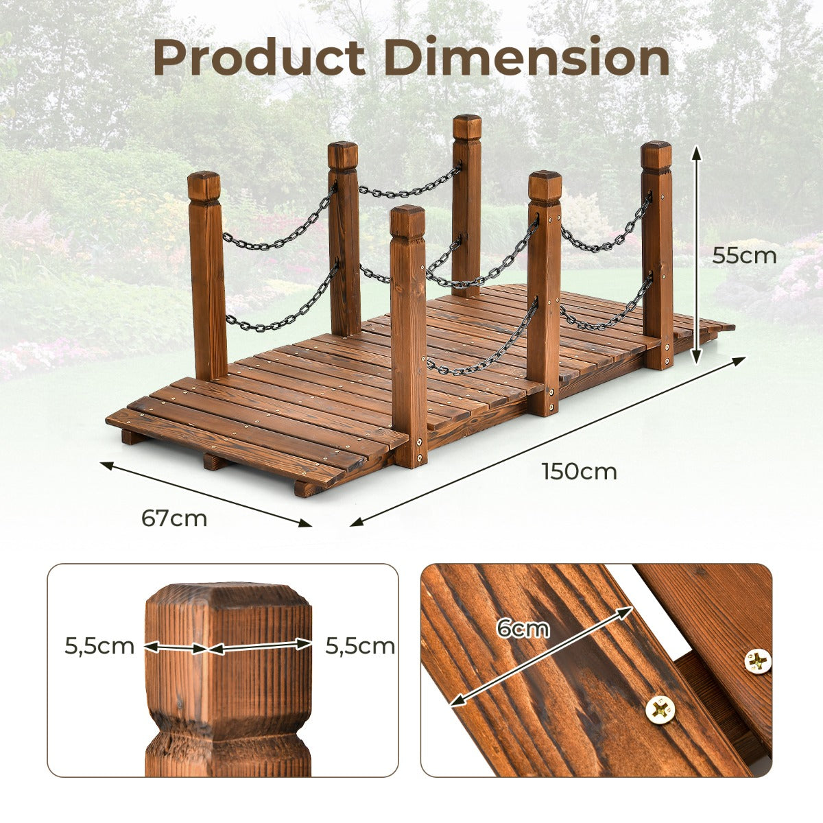 LIVSK Houten Tuinbrug - Decoratief Vurenhout - Weerbestendig - Veiligheidskettingen - Draagvermogen tot 80 kg - Bruin